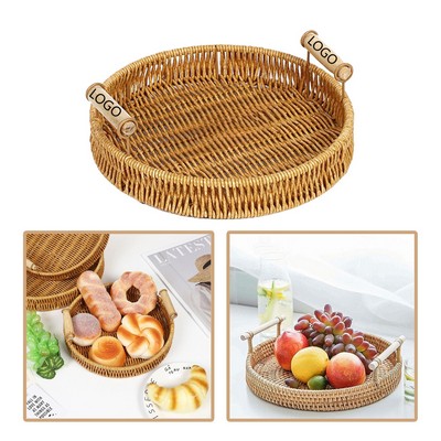 Premium Handwoven Plastic Rattan Storage Basket with Elegant Wooden Handles