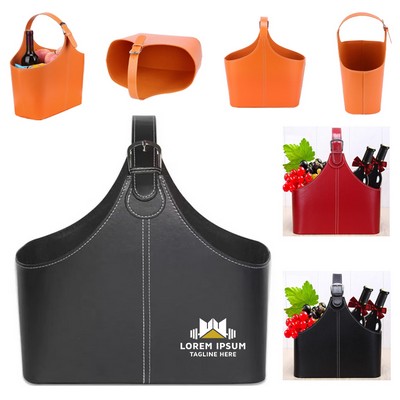Leather Storage Organizer Gift Basket with Top Handle for Wine
